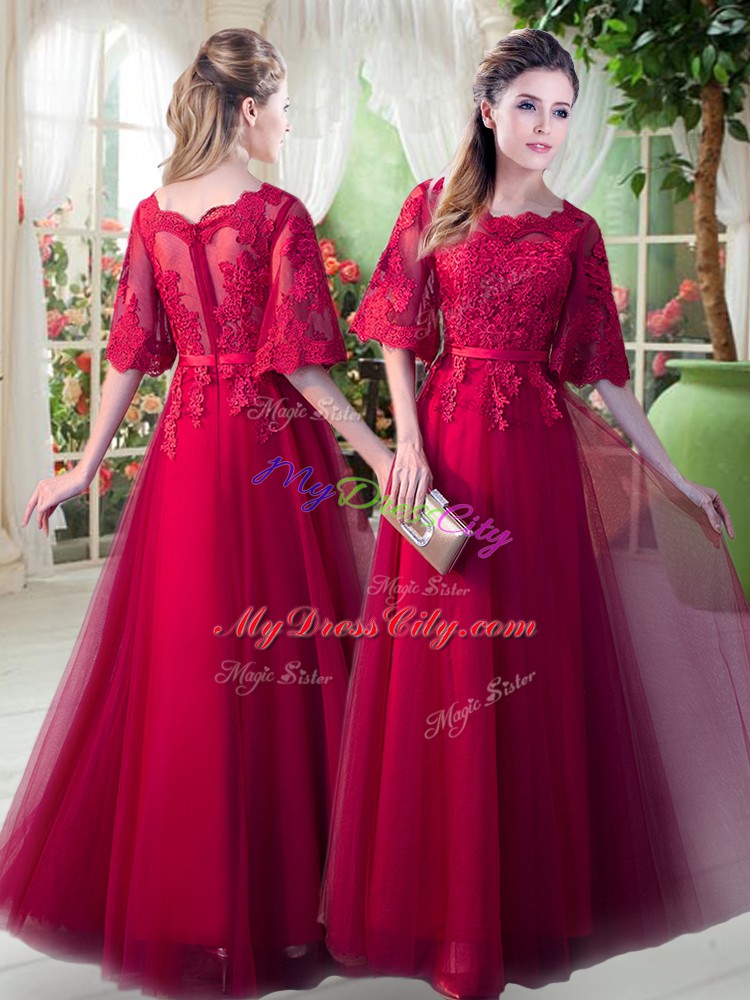 On Sale Red Tulle Zipper Scoop Half Sleeves Floor Length Homecoming Dress Appliques