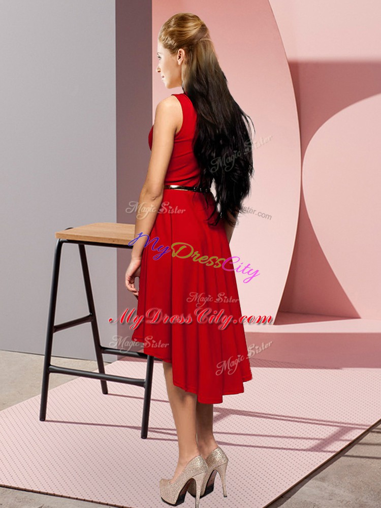 Simple Red A-line Scoop Sleeveless Belt High Low Lace Up