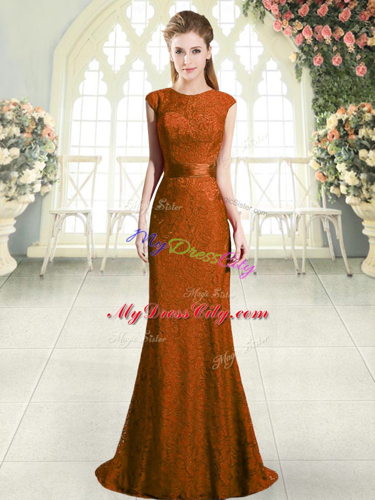 Lace Dress for Prom Brown Backless Cap Sleeves Sweep Train