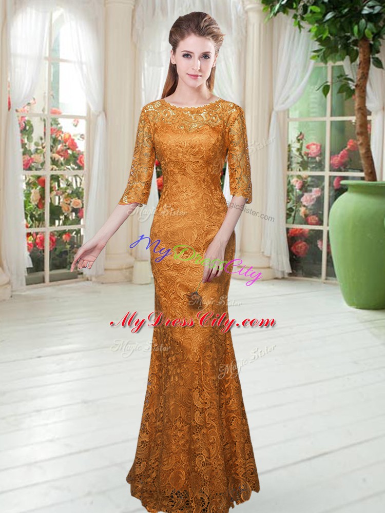 Floor Length Orange Prom Dresses Scoop Half Sleeves Zipper