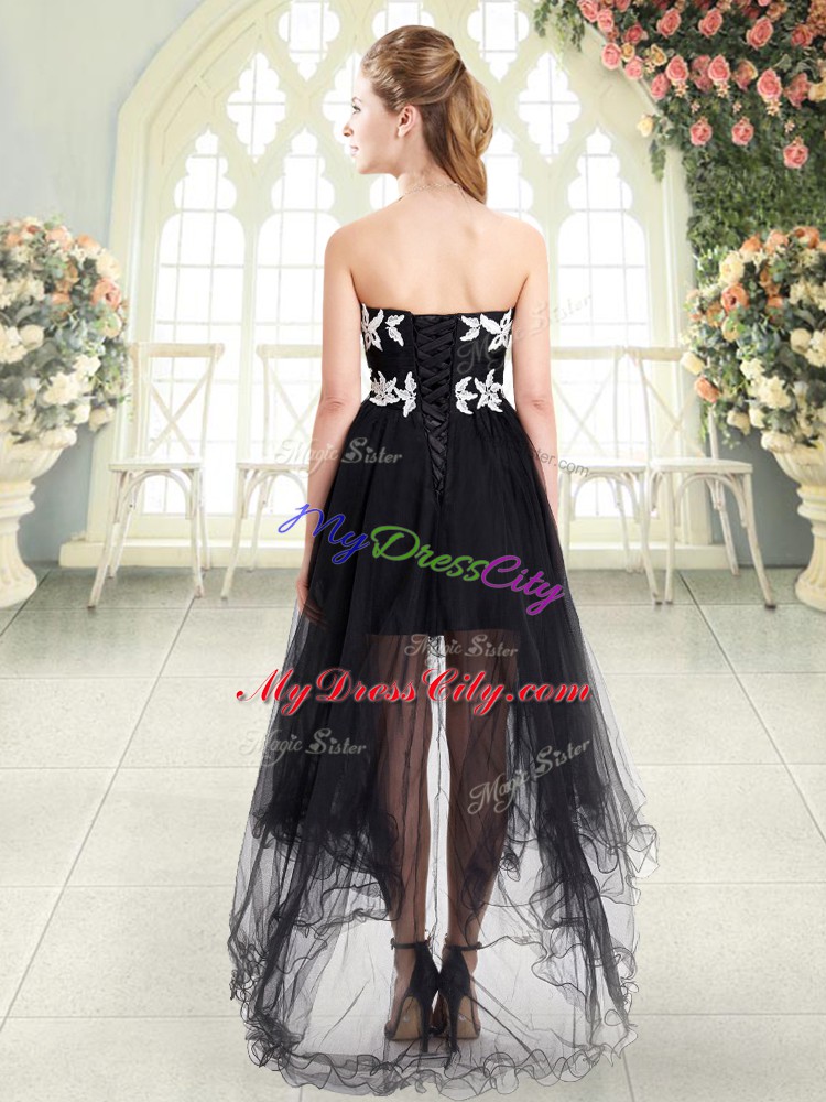 Black Tulle Lace Up Evening Dress Sleeveless High Low Appliques