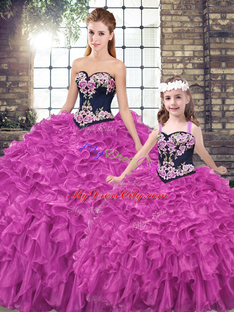 Fuchsia Ball Gowns Embroidery and Ruffles Sweet 16 Dress Lace Up Organza Sleeveless