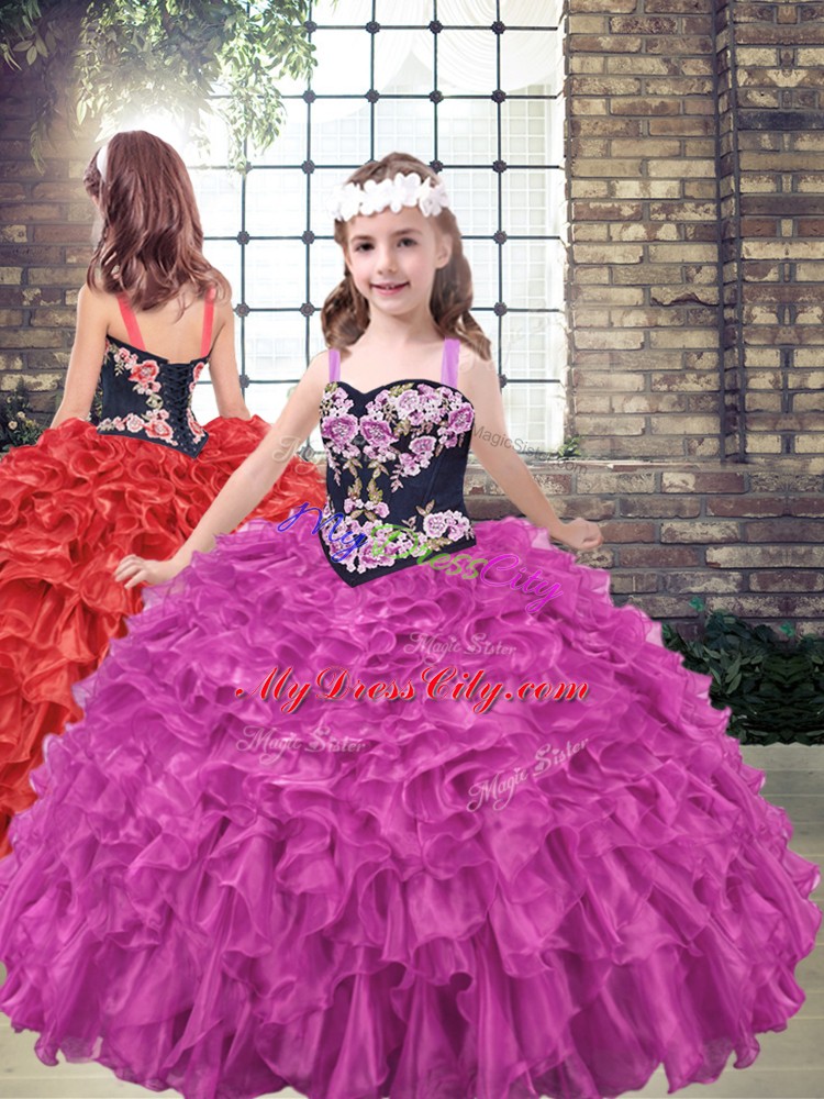 Fuchsia Ball Gowns Embroidery and Ruffles Sweet 16 Dress Lace Up Organza Sleeveless