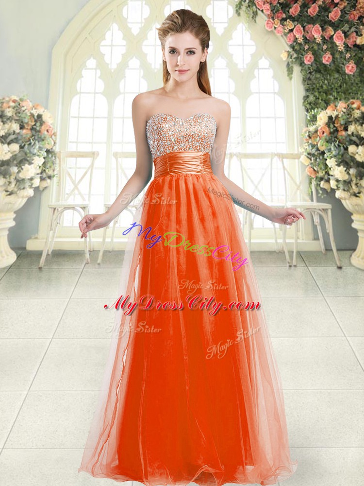 Classical Orange Red Sleeveless Beading Floor Length Evening Wear