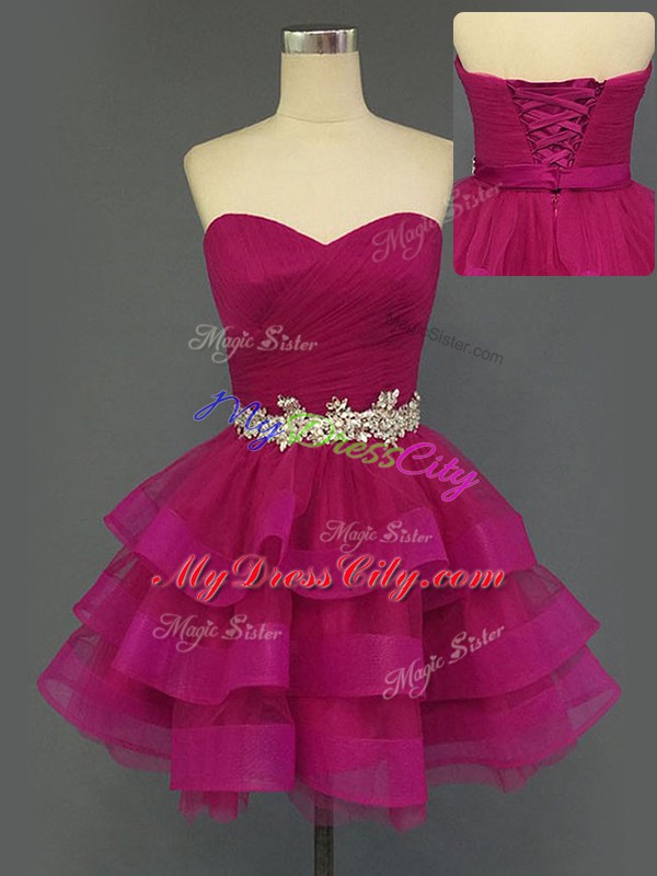 Custom Fit Sweetheart Sleeveless Lace Up Prom Gown Fuchsia Tulle