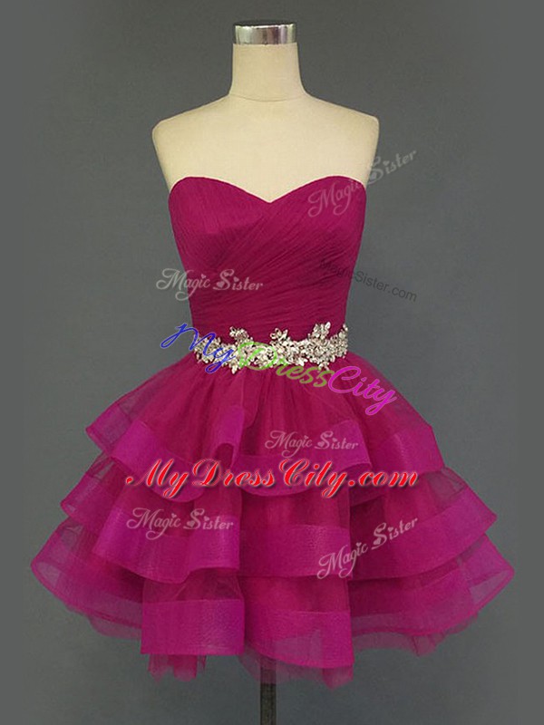 Custom Fit Sweetheart Sleeveless Lace Up Prom Gown Fuchsia Tulle