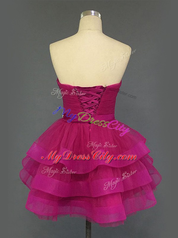 Custom Fit Sweetheart Sleeveless Lace Up Prom Gown Fuchsia Tulle