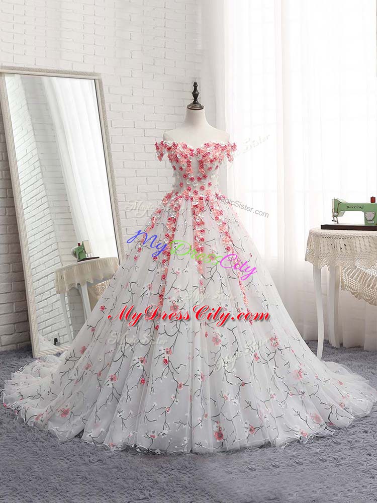 Fabulous Appliques Ball Gown Prom Dress White Lace Up Sleeveless Brush Train