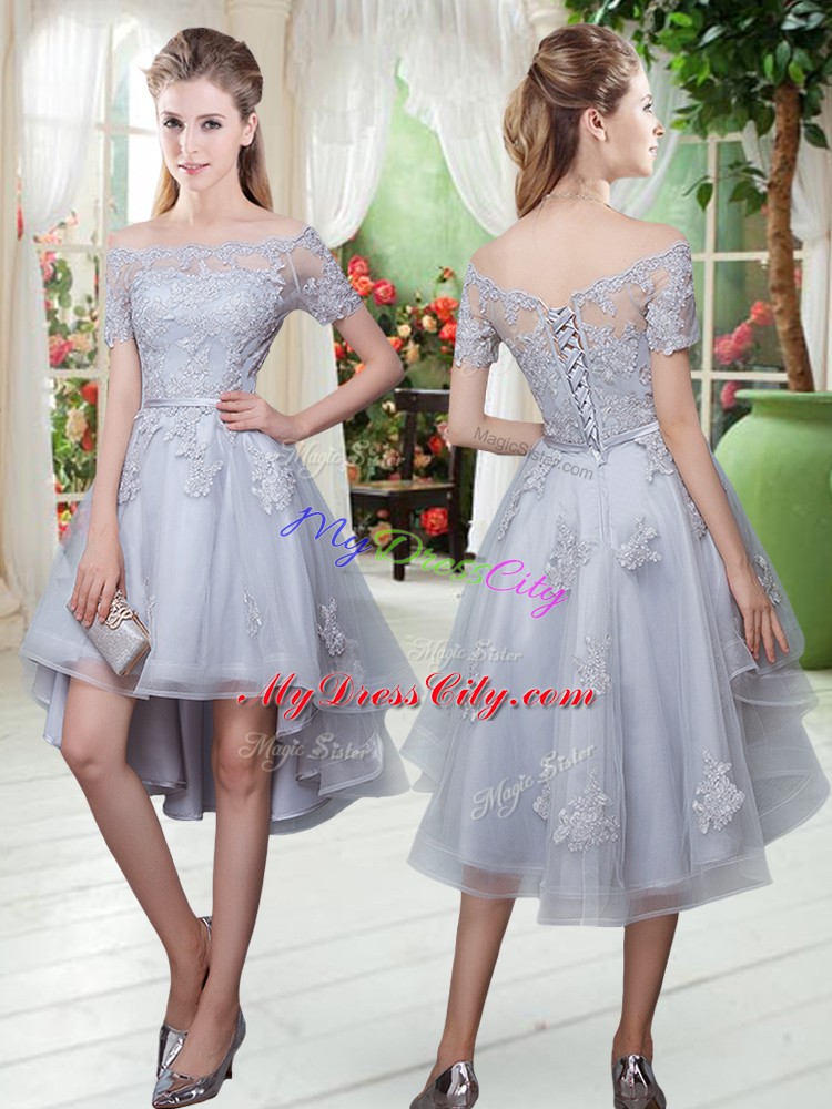 Pretty Off The Shoulder Short Sleeves Lace Up Prom Dress Grey Tulle