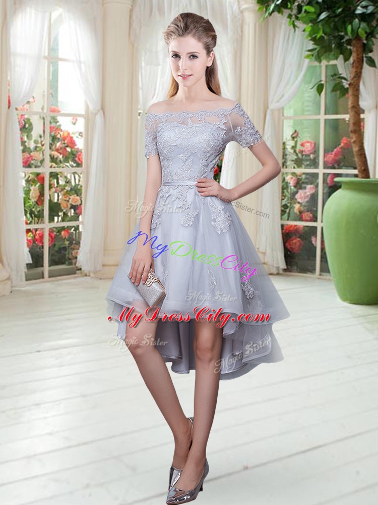 Pretty Off The Shoulder Short Sleeves Lace Up Prom Dress Grey Tulle