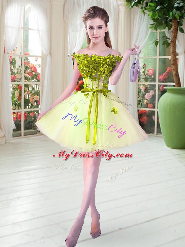 Sleeveless Mini Length Beading and Appliques Lace Up Prom Gown with Yellow Green