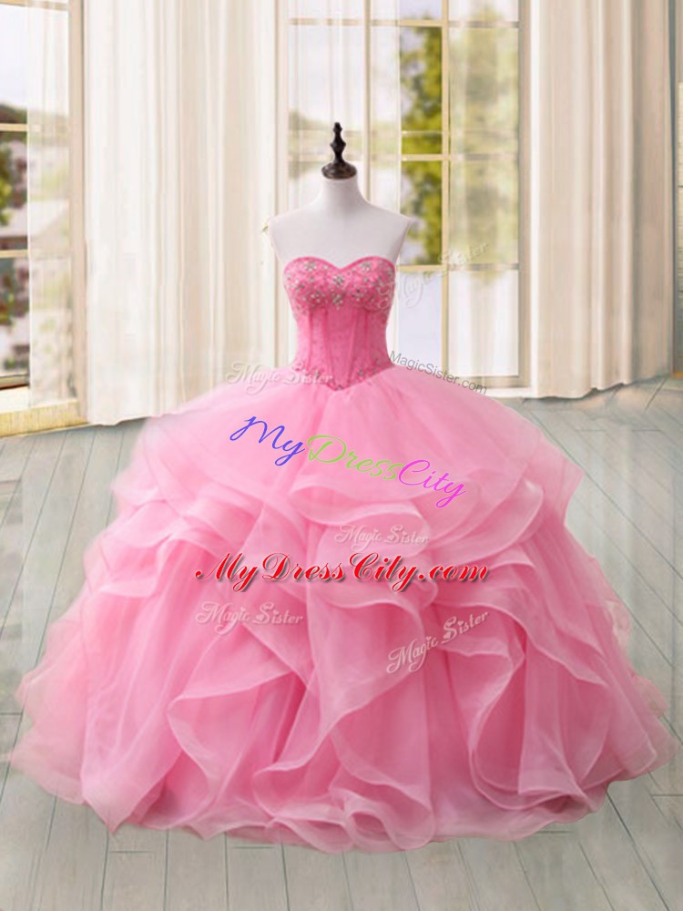 High Quality Pink Ball Gowns Tulle Sweetheart Sleeveless Beading and Ruffles Lace Up Quince Ball Gowns Sweep Train