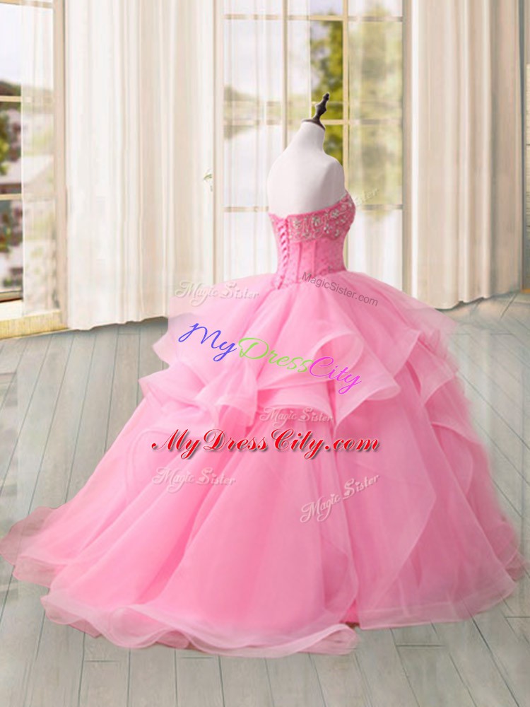 High Quality Pink Ball Gowns Tulle Sweetheart Sleeveless Beading and Ruffles Lace Up Quince Ball Gowns Sweep Train