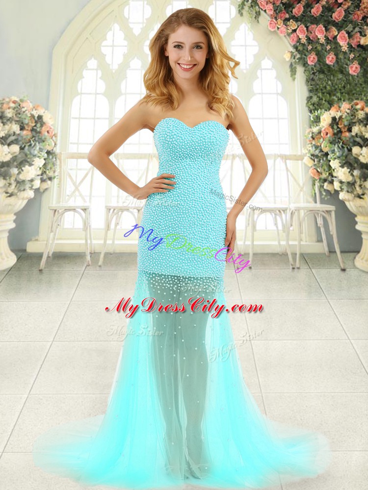 Fantastic Aqua Blue Column/Sheath Beading Prom Evening Gown Zipper Tulle Sleeveless