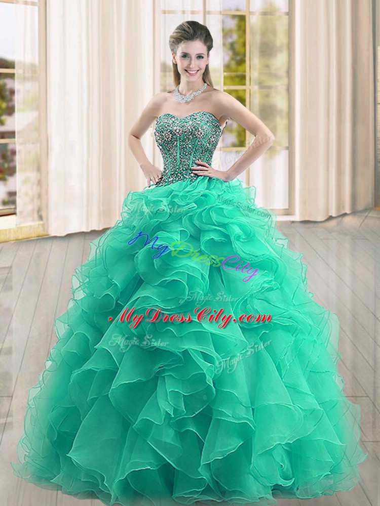 Organza Sweetheart Sleeveless Lace Up Beading and Ruffles Quinceanera Gowns in Turquoise