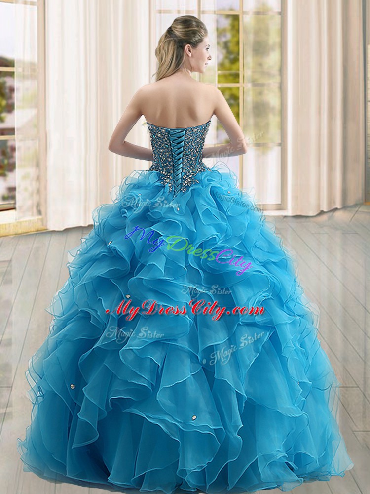 Organza Sweetheart Sleeveless Lace Up Beading and Ruffles Quinceanera Gowns in Turquoise