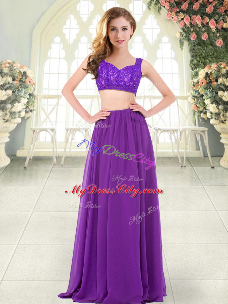 Charming Purple Straps Zipper Beading and Lace Prom Dress Sleeveless