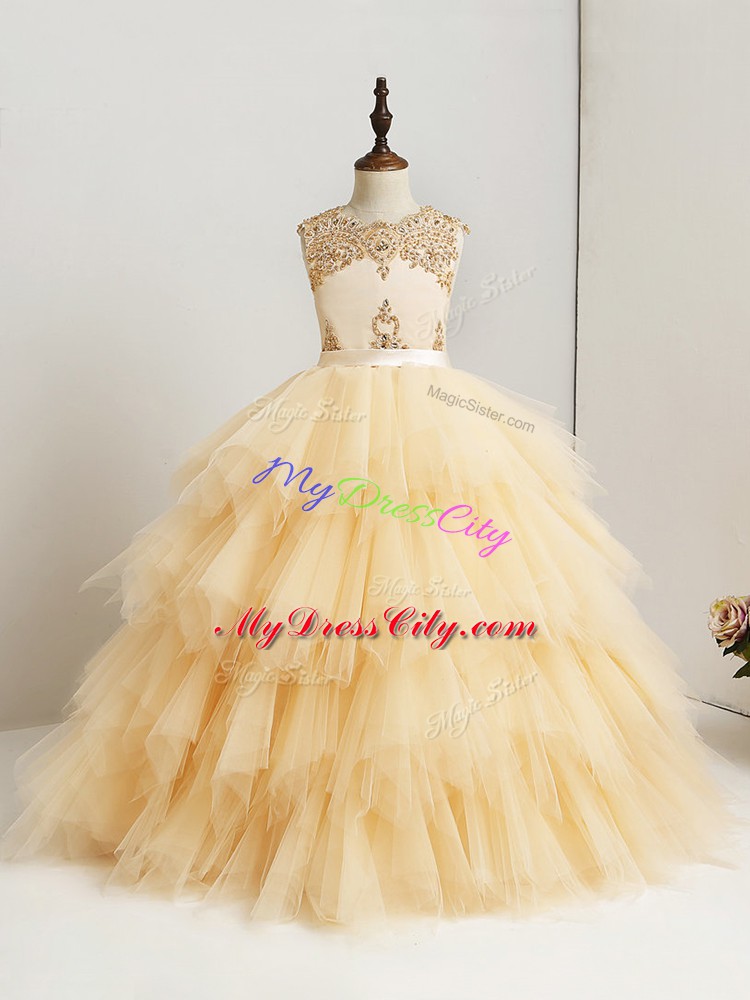 Fashionable Beading and Ruffles Little Girls Pageant Dress Gold Zipper Sleeveless Floor Length