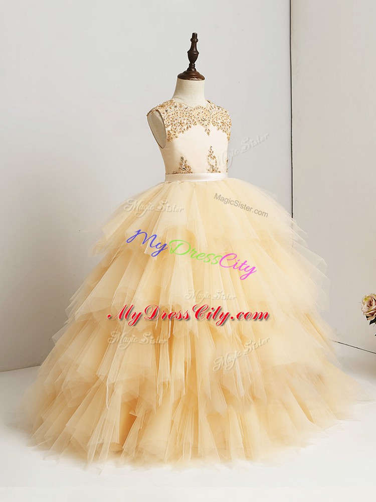 Fashionable Beading and Ruffles Little Girls Pageant Dress Gold Zipper Sleeveless Floor Length