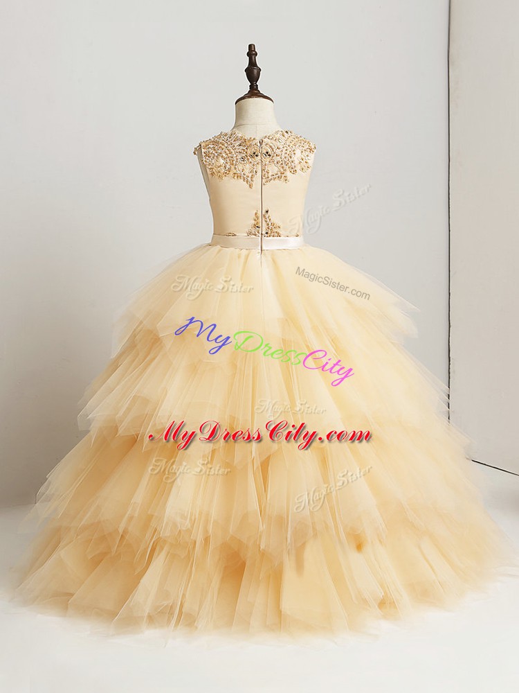 Fashionable Beading and Ruffles Little Girls Pageant Dress Gold Zipper Sleeveless Floor Length