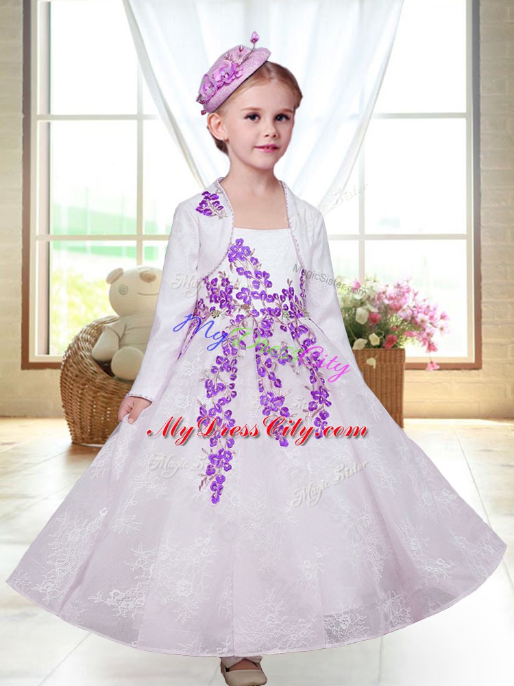 White Straps Neckline Embroidery Flower Girl Dress Sleeveless Zipper