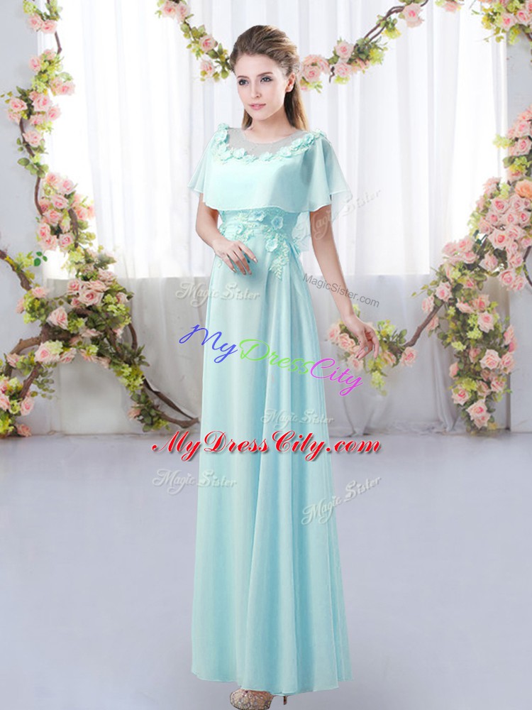 Low Price Floor Length Aqua Blue Bridesmaids Dress Scoop Short Sleeves Zipper