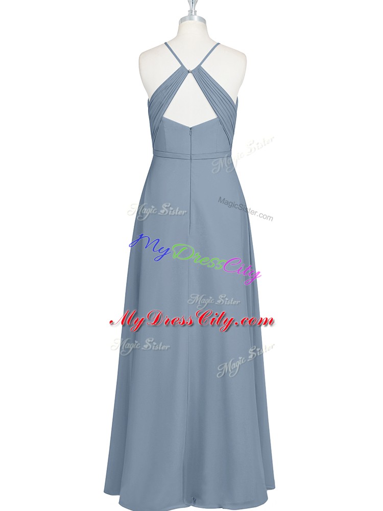 Grey Halter Top Neckline Ruching and Pleated Dress for Prom Sleeveless Zipper