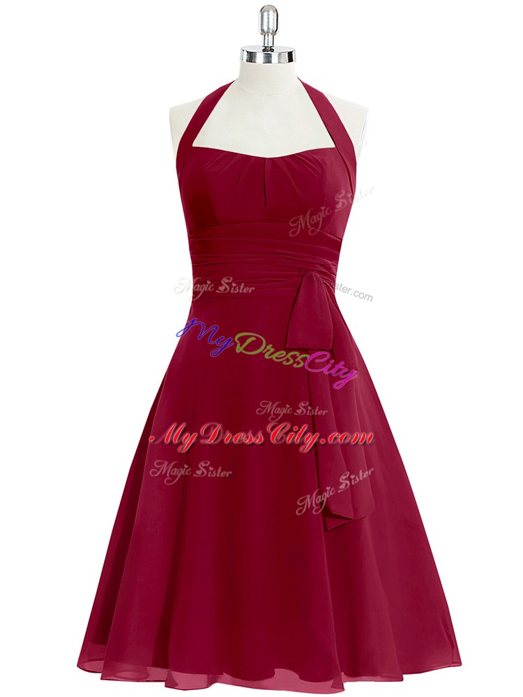 Knee Length Zipper Prom Dress Wine Red for Prom and Party and Military Ball with Ruching