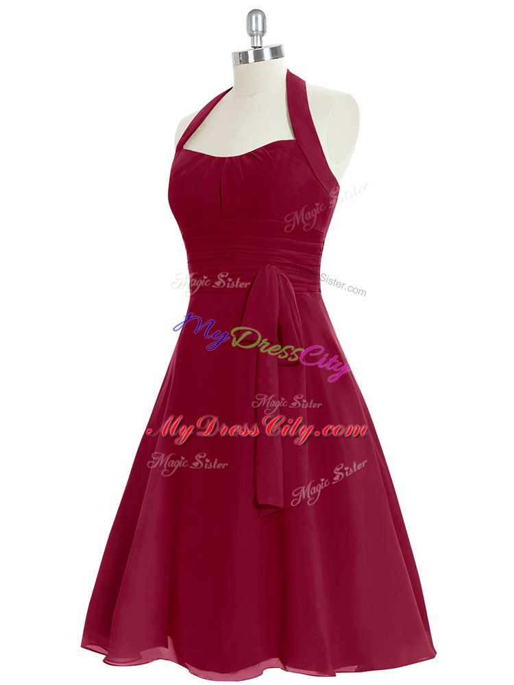 Knee Length Zipper Prom Dress Wine Red for Prom and Party and Military Ball with Ruching