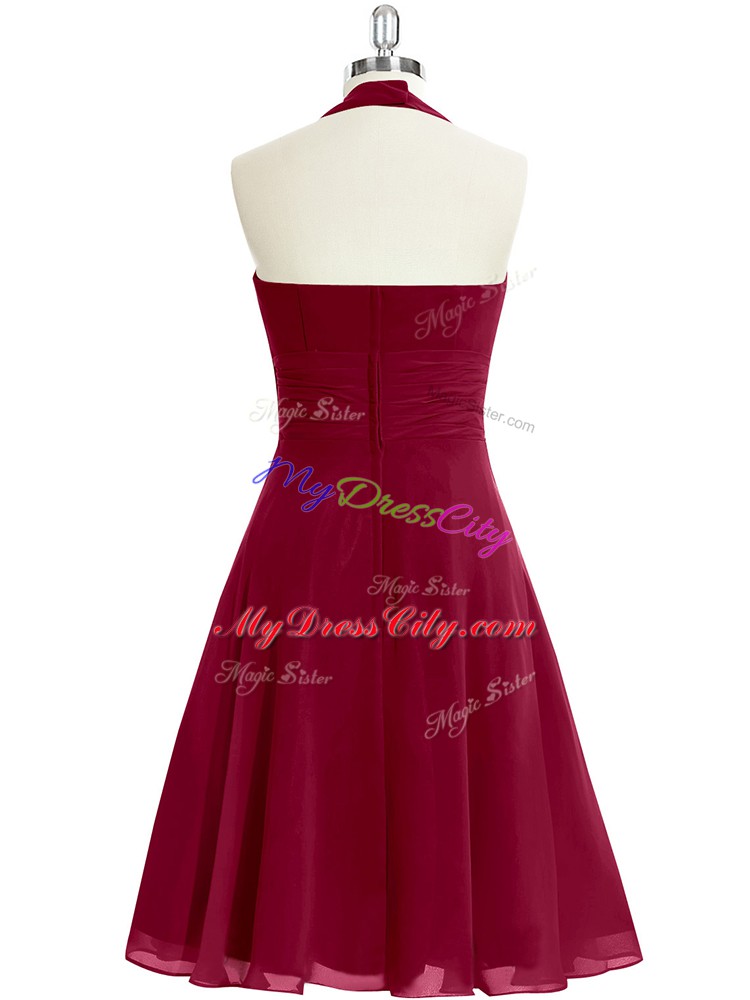 Knee Length Zipper Prom Dress Wine Red for Prom and Party and Military Ball with Ruching