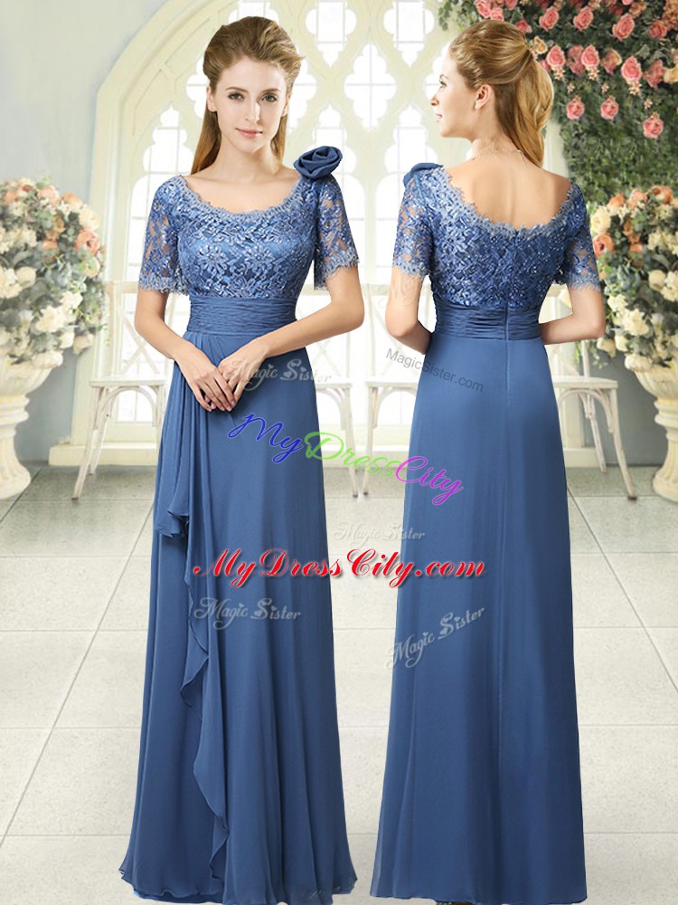 Blue Column/Sheath Satin Scoop Short Sleeves Beading and Ruching Floor Length Zipper Prom Gown