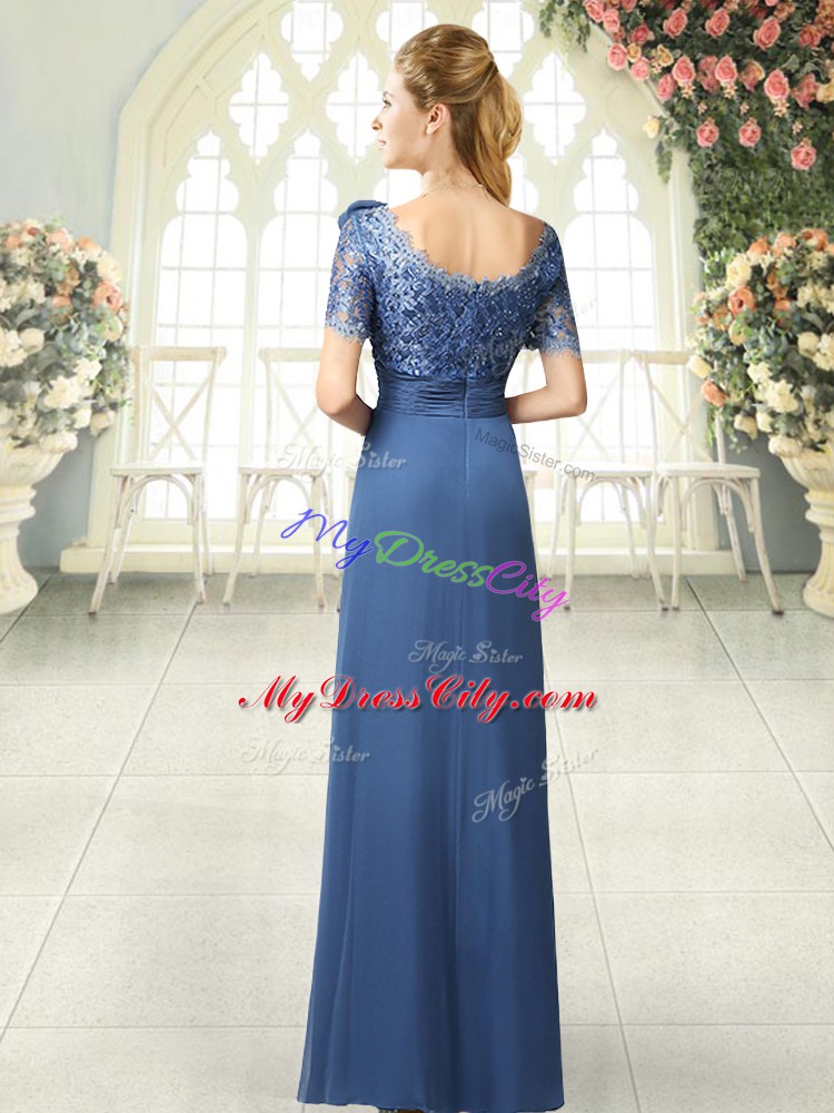 Blue Column/Sheath Satin Scoop Short Sleeves Beading and Ruching Floor Length Zipper Prom Gown