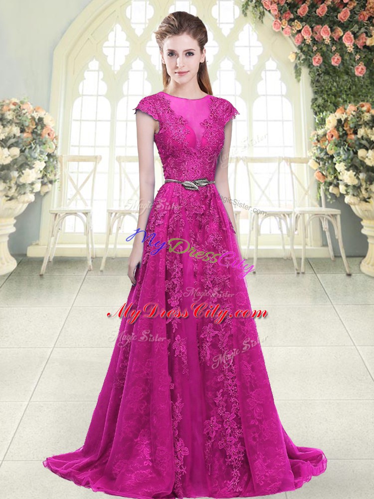 Clearance Fuchsia Scoop Zipper Lace and Appliques Homecoming Dress Sweep Train Cap Sleeves