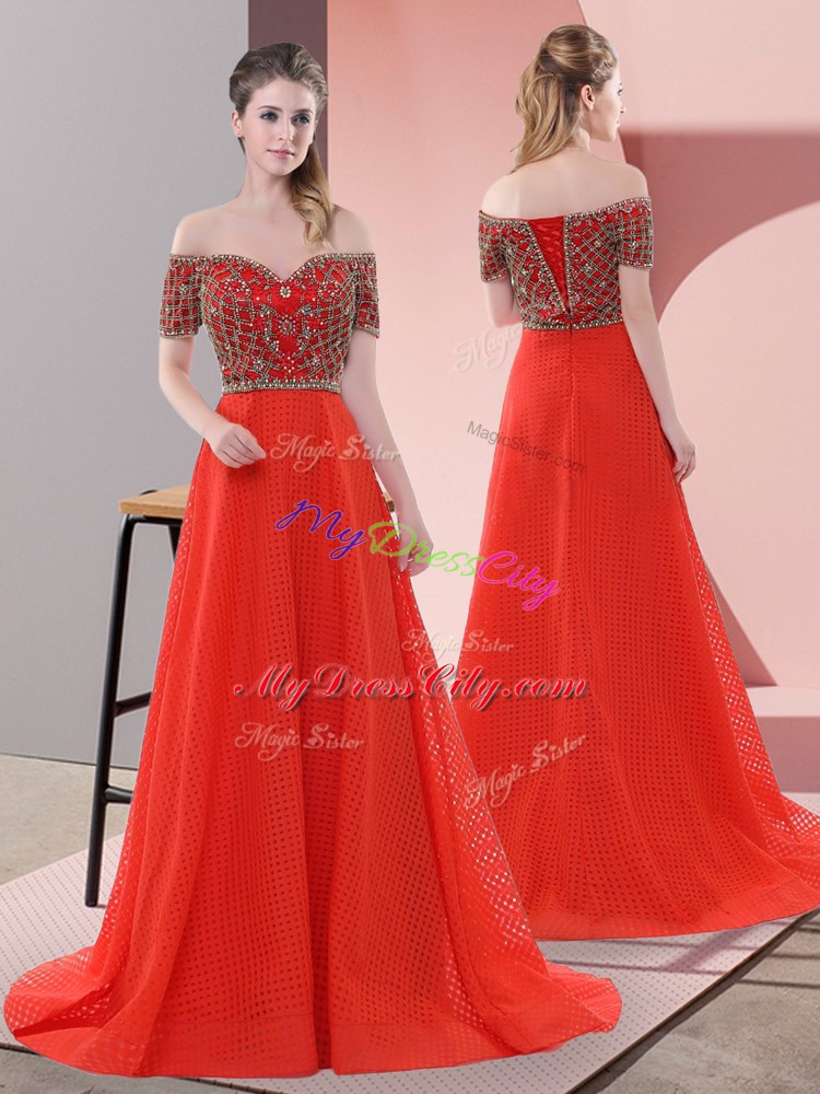 Off The Shoulder Short Sleeves Sweep Train Lace Up Beading and Lace Prom Gown in Red