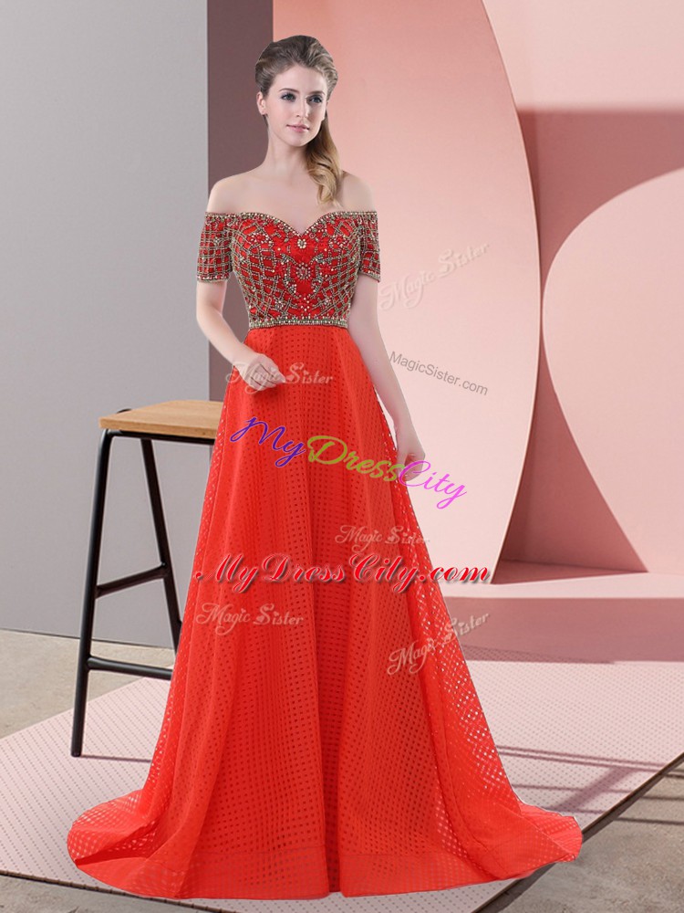 Off The Shoulder Short Sleeves Sweep Train Lace Up Beading and Lace Prom Gown in Red