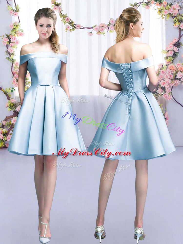 Vintage Sleeveless Mini Length Belt Lace Up Bridesmaid Dresses with Light Blue