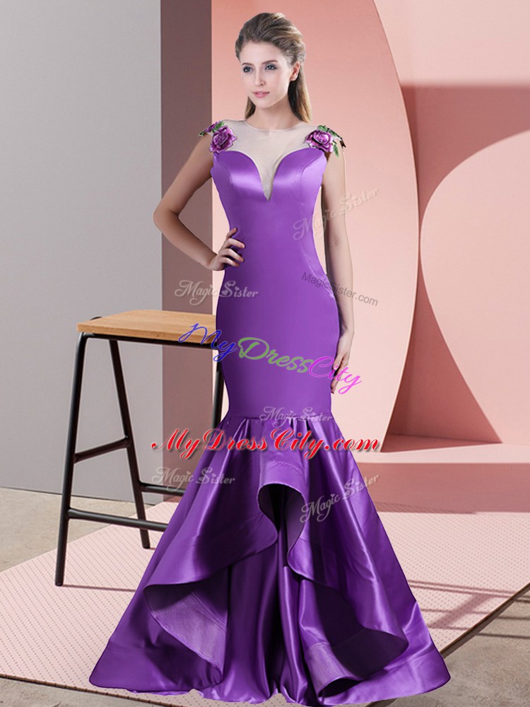 Flirting Eggplant Purple Scoop Side Zipper Appliques Prom Party Dress Sweep Train Sleeveless