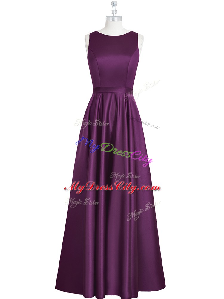 Sleeveless Elastic Woven Satin Floor Length Backless Prom Gown in Eggplant Purple with Ruching and Pleated