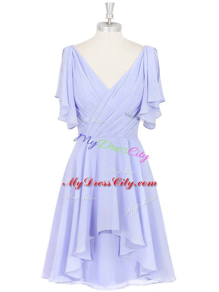 Baby Blue Chiffon Backless V-neck Short Sleeves Mini Length Homecoming Dress Ruching