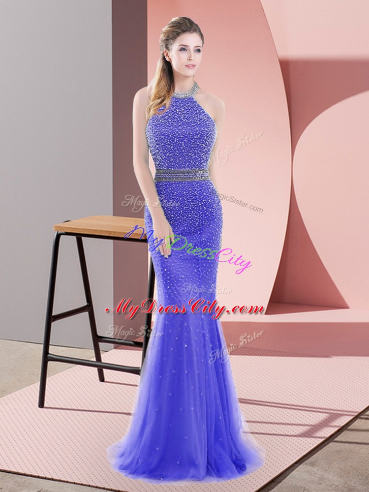 Fashionable Blue Mermaid Beading Backless Tulle Sleeveless