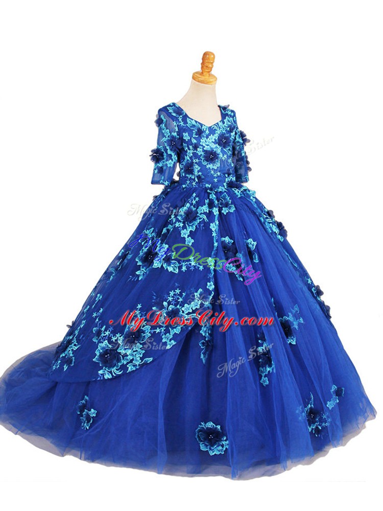 Cute Blue Ball Gowns Tulle V-neck Half Sleeves Beading and Appliques Zipper Pageant Dress for Girls Brush Train