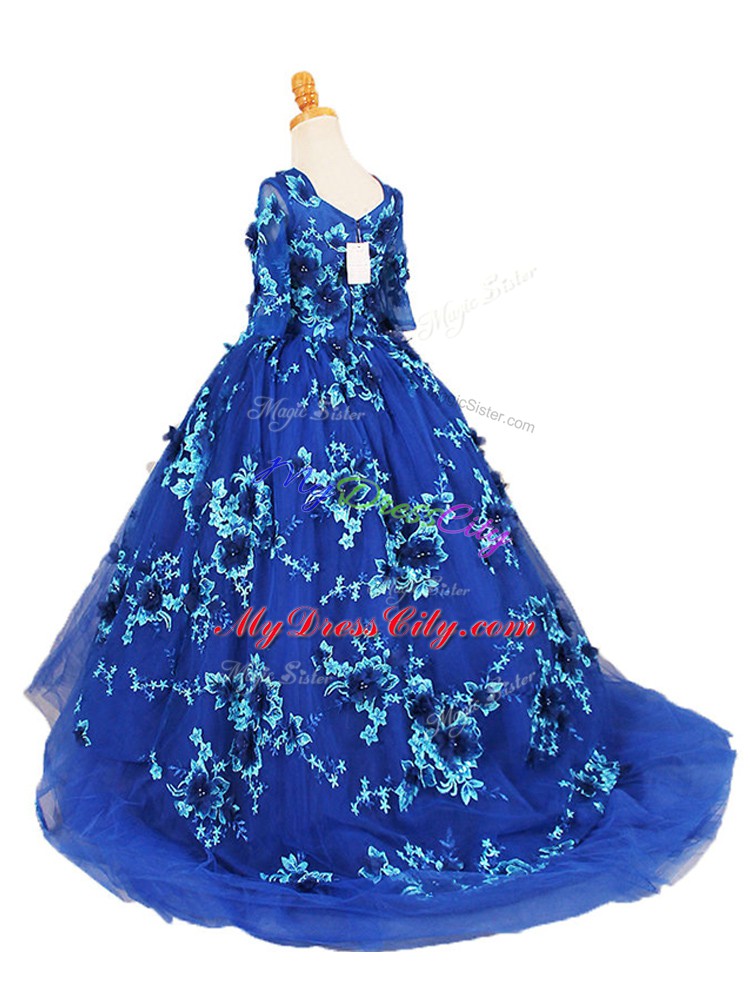 Cute Blue Ball Gowns Tulle V-neck Half Sleeves Beading and Appliques Zipper Pageant Dress for Girls Brush Train