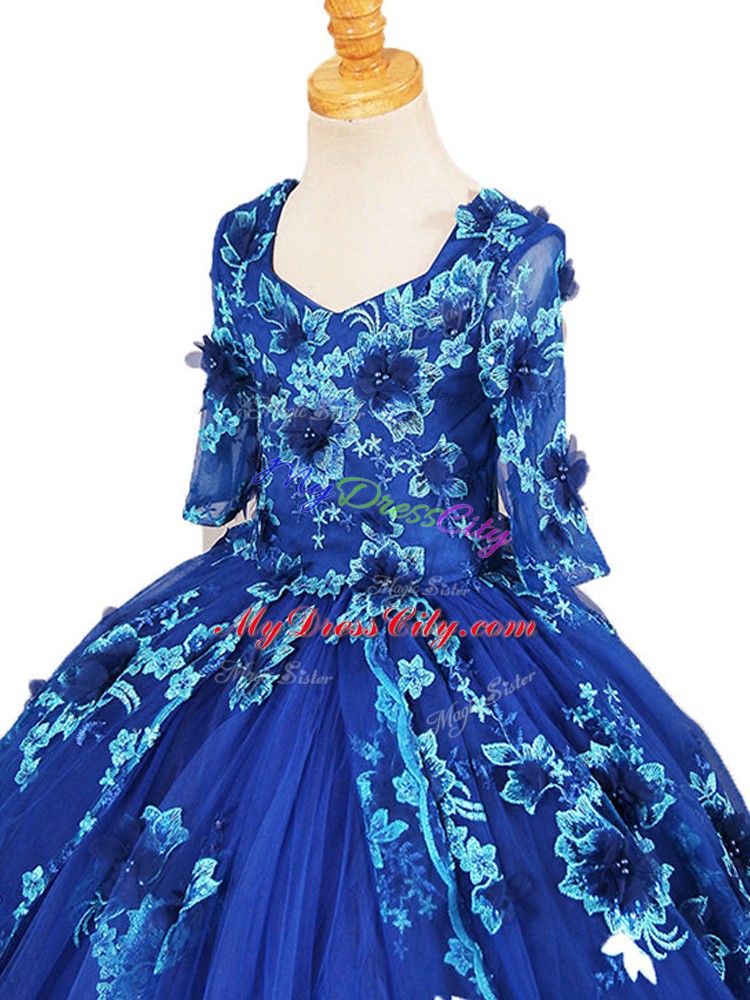 Cute Blue Ball Gowns Tulle V-neck Half Sleeves Beading and Appliques Zipper Pageant Dress for Girls Brush Train