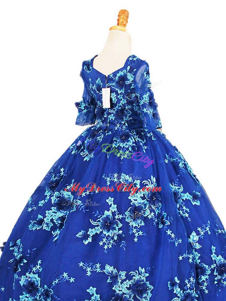 Cute Blue Ball Gowns Tulle V-neck Half Sleeves Beading and Appliques Zipper Pageant Dress for Girls Brush Train