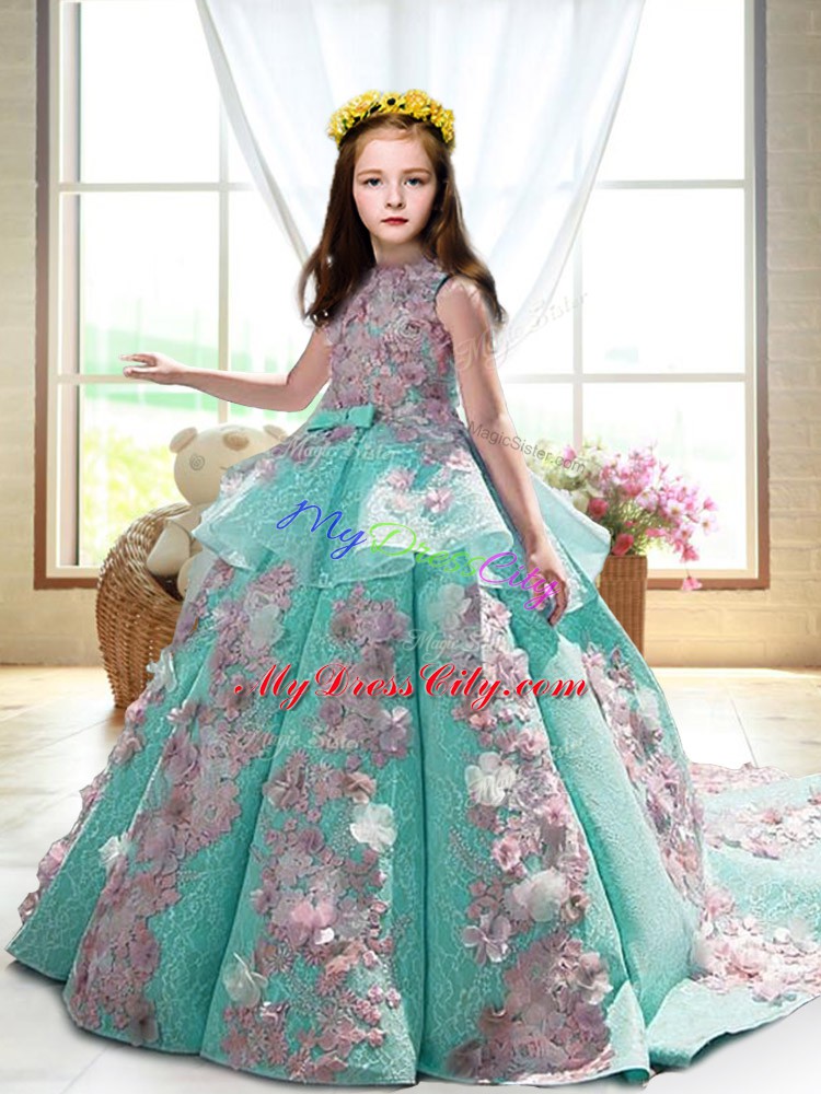 Wonderful Turquoise Sleeveless Appliques Backless Pageant Dress for Girls