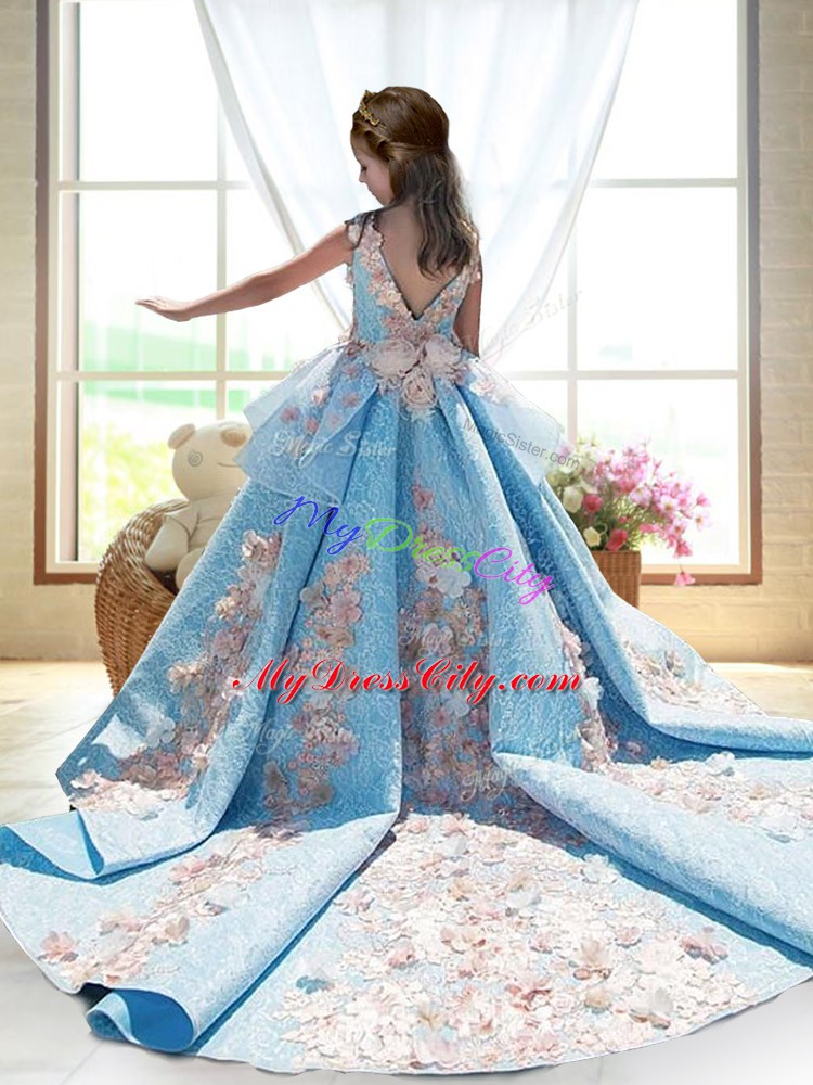 Wonderful Turquoise Sleeveless Appliques Backless Pageant Dress for Girls