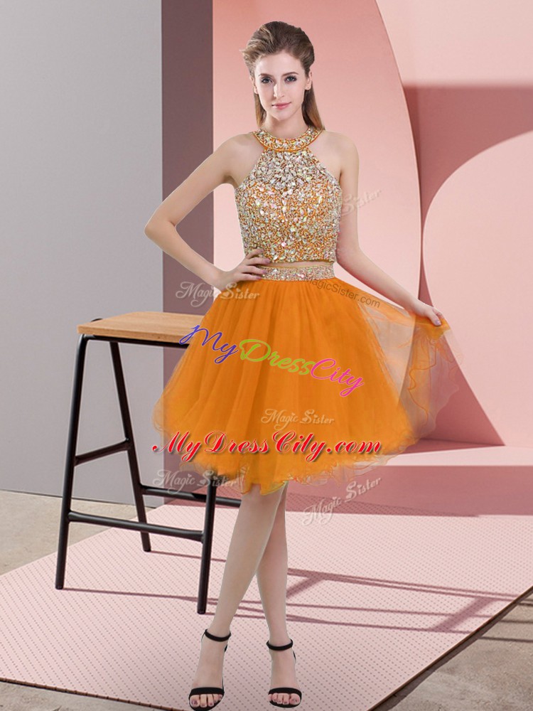 Orange Organza Backless Halter Top Sleeveless Knee Length Prom Dress Beading