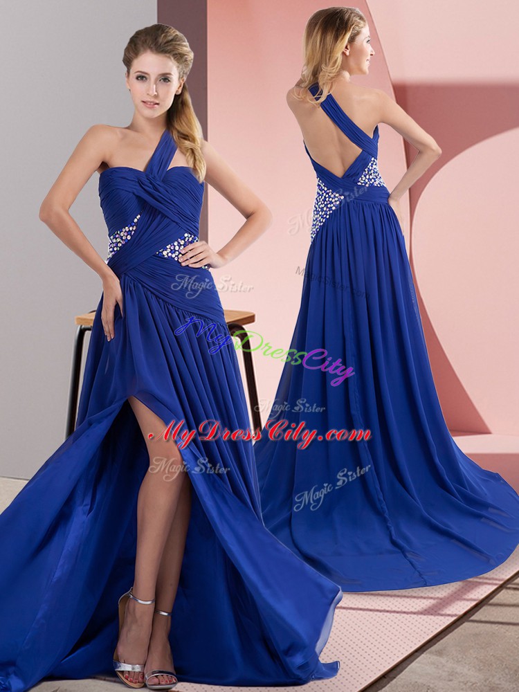 Popular Chiffon One Shoulder Sleeveless Sweep Train Backless Beading and Ruching Evening Dress in Royal Blue