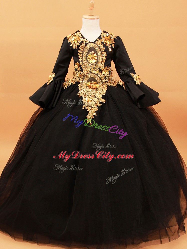 Exquisite Black High School Pageant Dress Wedding Party with Beading and Appliques V-neck Long Sleeves