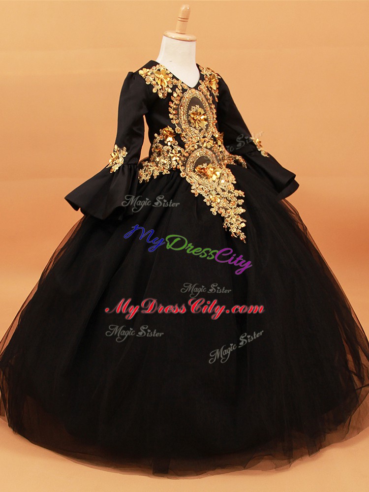 Exquisite Black High School Pageant Dress Wedding Party with Beading and Appliques V-neck Long Sleeves